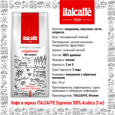 Кофе в зернах ITALCAFFE Espresso 100% Arabica (1 кг) – 100% арабика